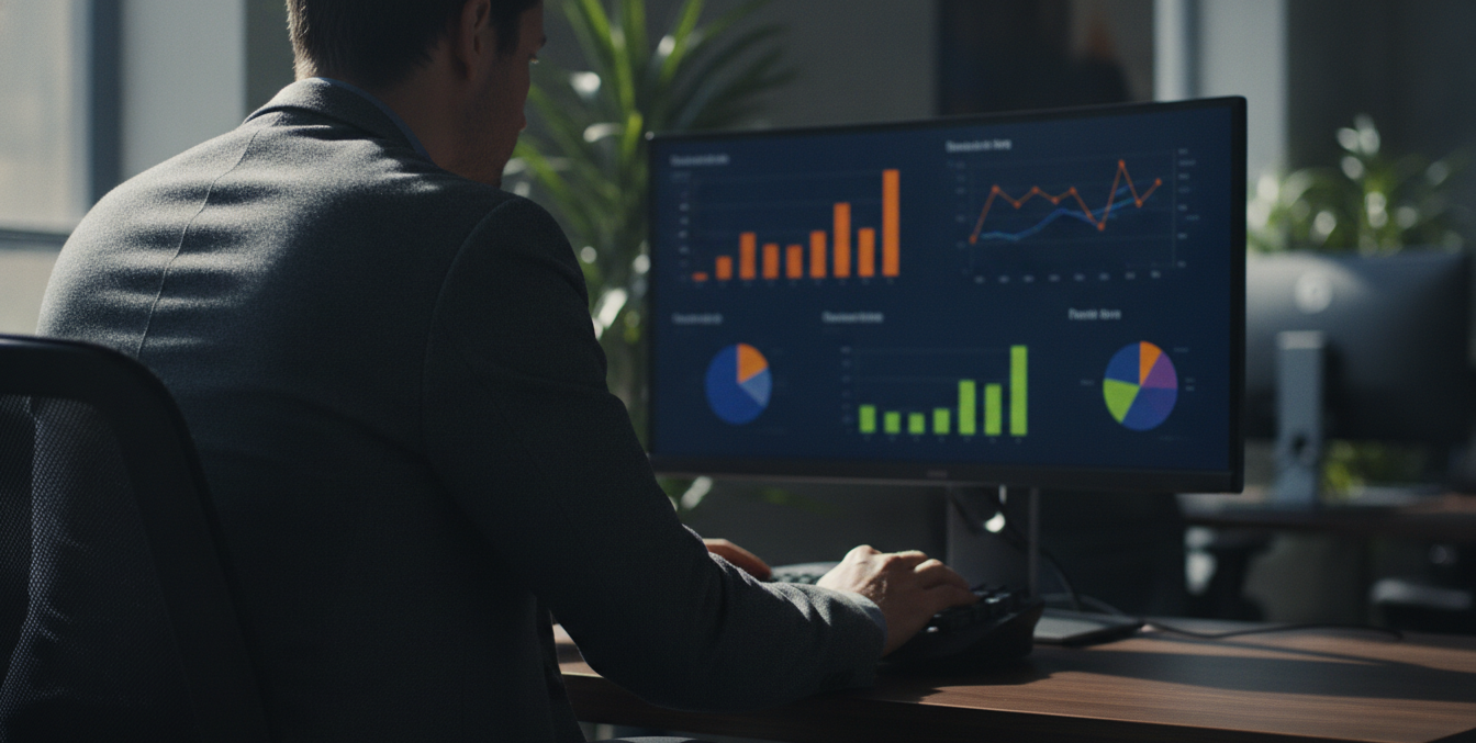 automação de processos — A modern office with people analyzing dashboards, soft natural lighting, professional photography style