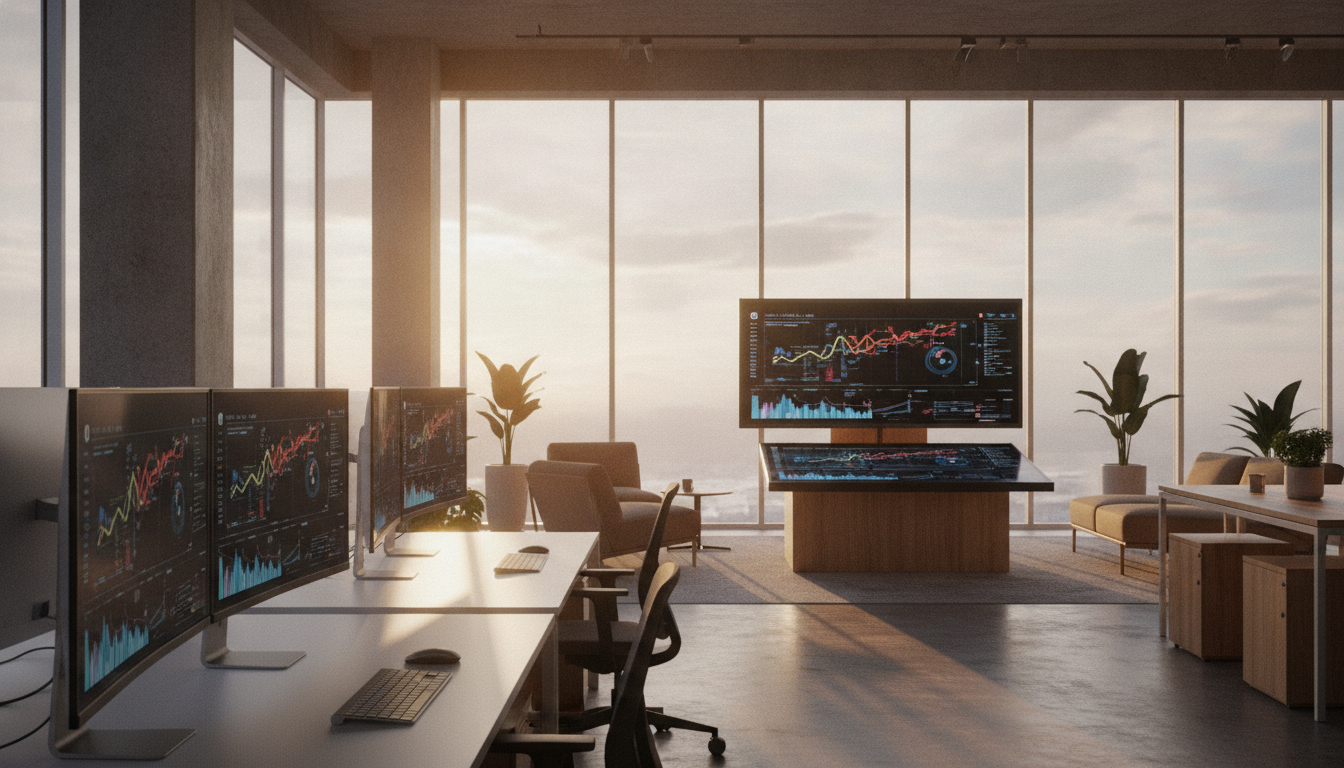 design sofisticado — A modern office with people analyzing dashboards, soft natural lighting, professional photography style