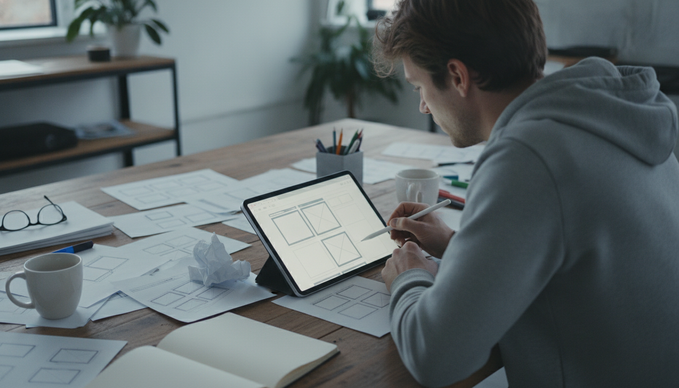 A creative workspace with designers collaborating over web design sketches, bright and organized setting