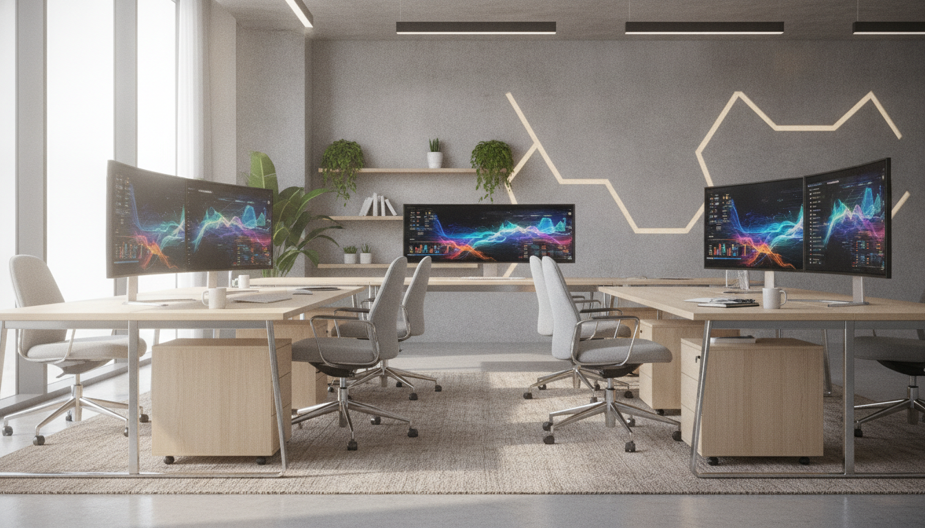 divulgação serviços online — A modern office with people analyzing dashboards, soft natural lighting, professional photography style