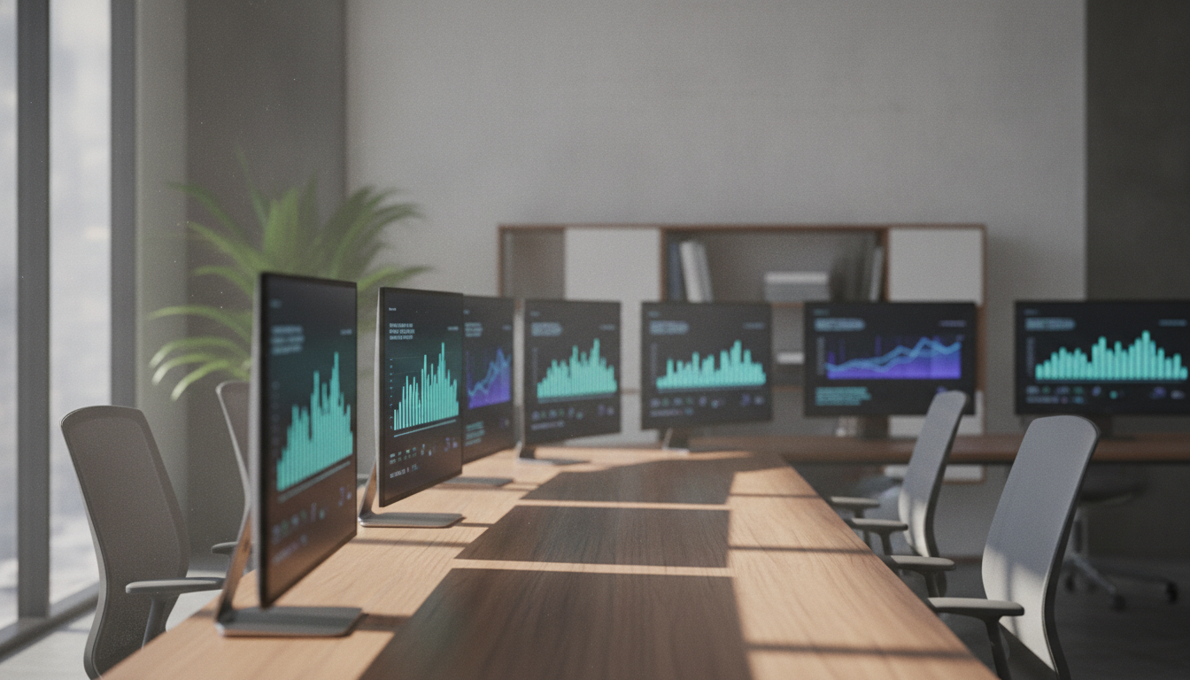 erros na criação de sites — A modern office with people analyzing dashboards, soft natural lighting, professional photography style