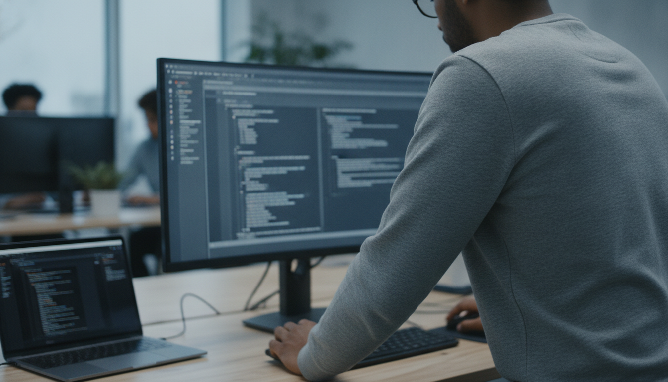 A team of designers working on web development with laptops and large screens, bright office environment