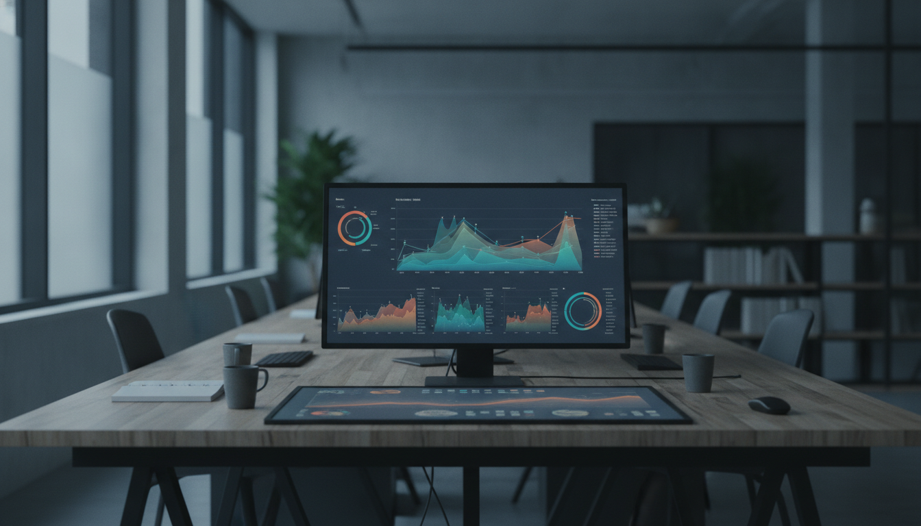 engajar redes sociais — A modern office with people analyzing dashboards, soft natural lighting, professional photography style