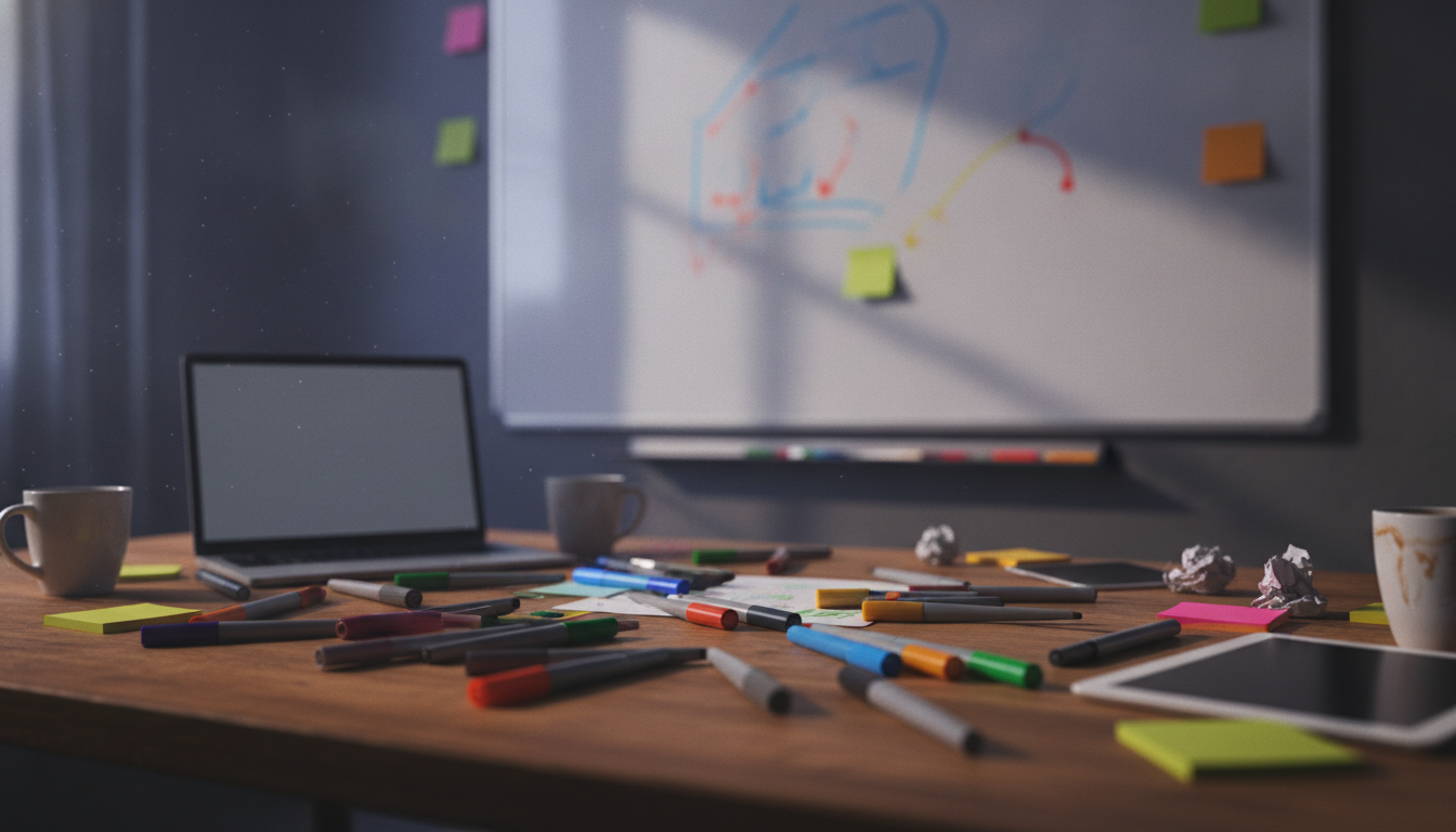 Creative workspace with people brainstorming ideas on a whiteboard, vibrant colors