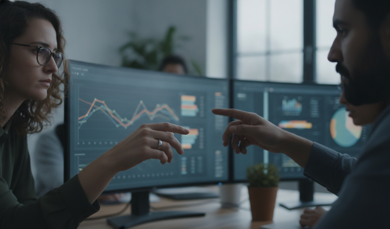 web 3.0: transformando — A modern office with people analyzing dashboards, soft natural lighting, professional photography style
