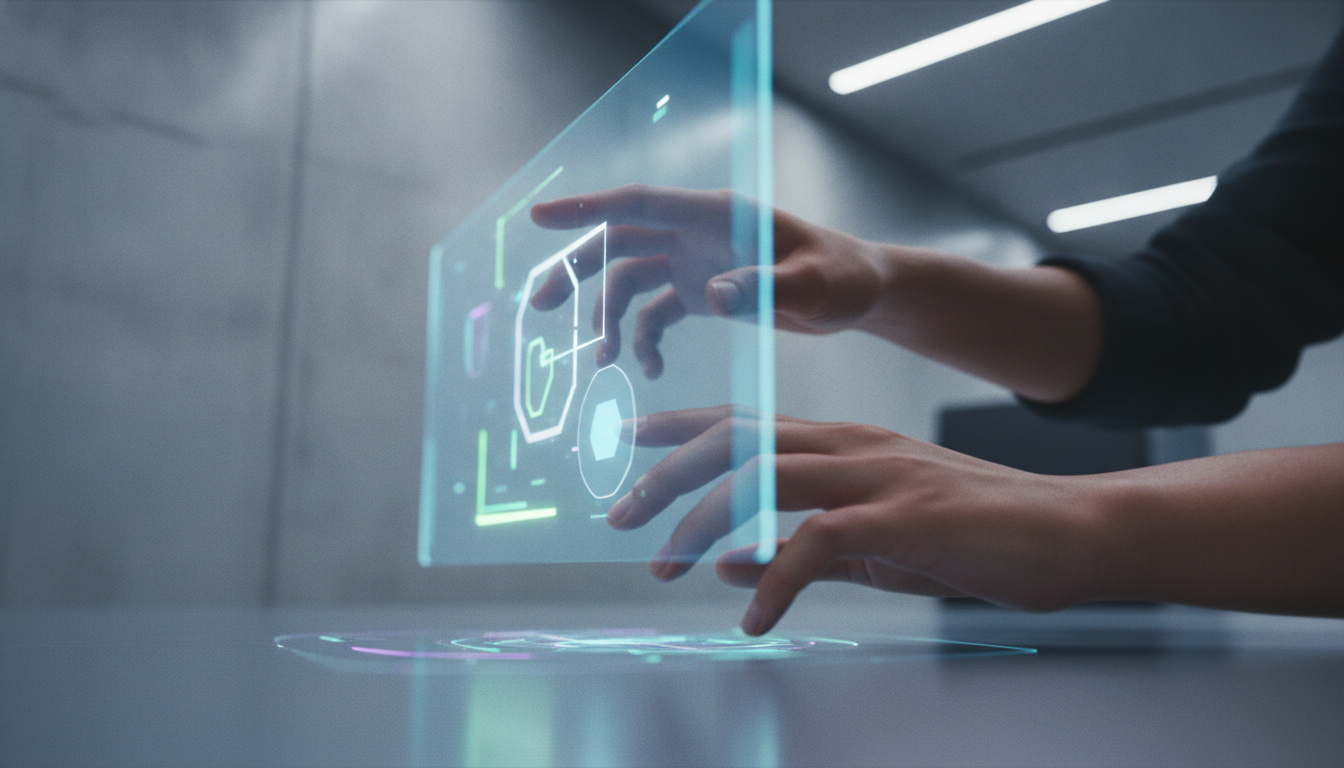 A futuristic workspace with holographic interfaces and people interacting with digital elements, futuristic lighting