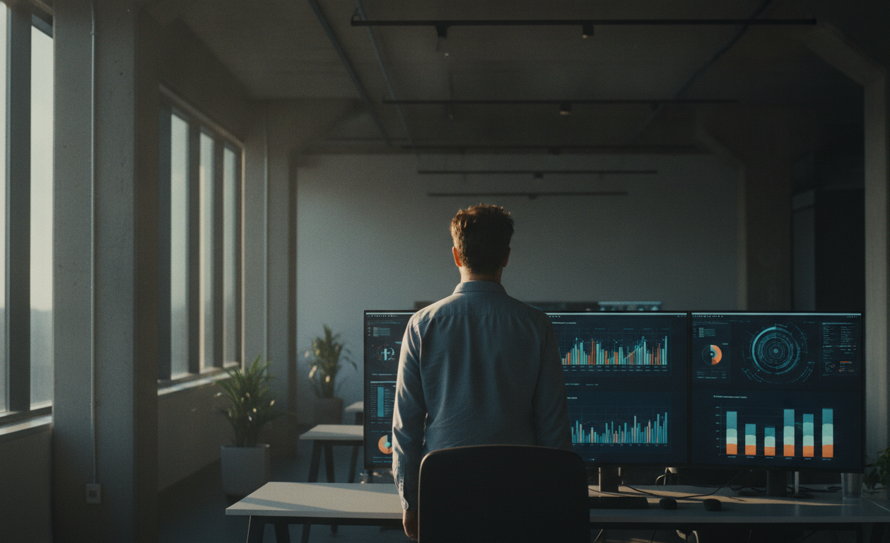 automação redes sociais — A modern office with people analyzing dashboards, soft natural lighting, professional photography style