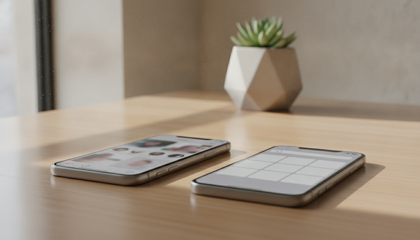 People using mobile devices with social media app interfaces, modern and minimalistic design style