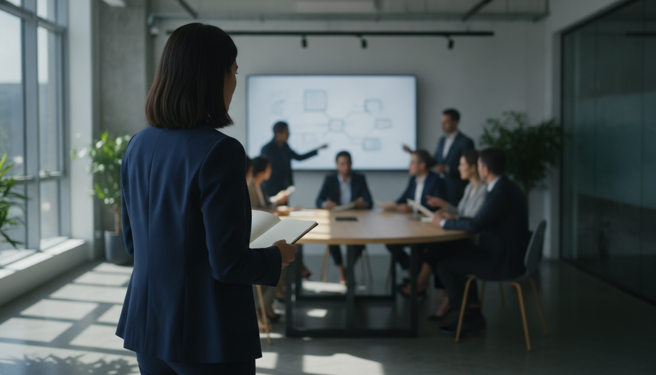 A group of professionals discussing business strategy in a modern office, bright and collaborative environment