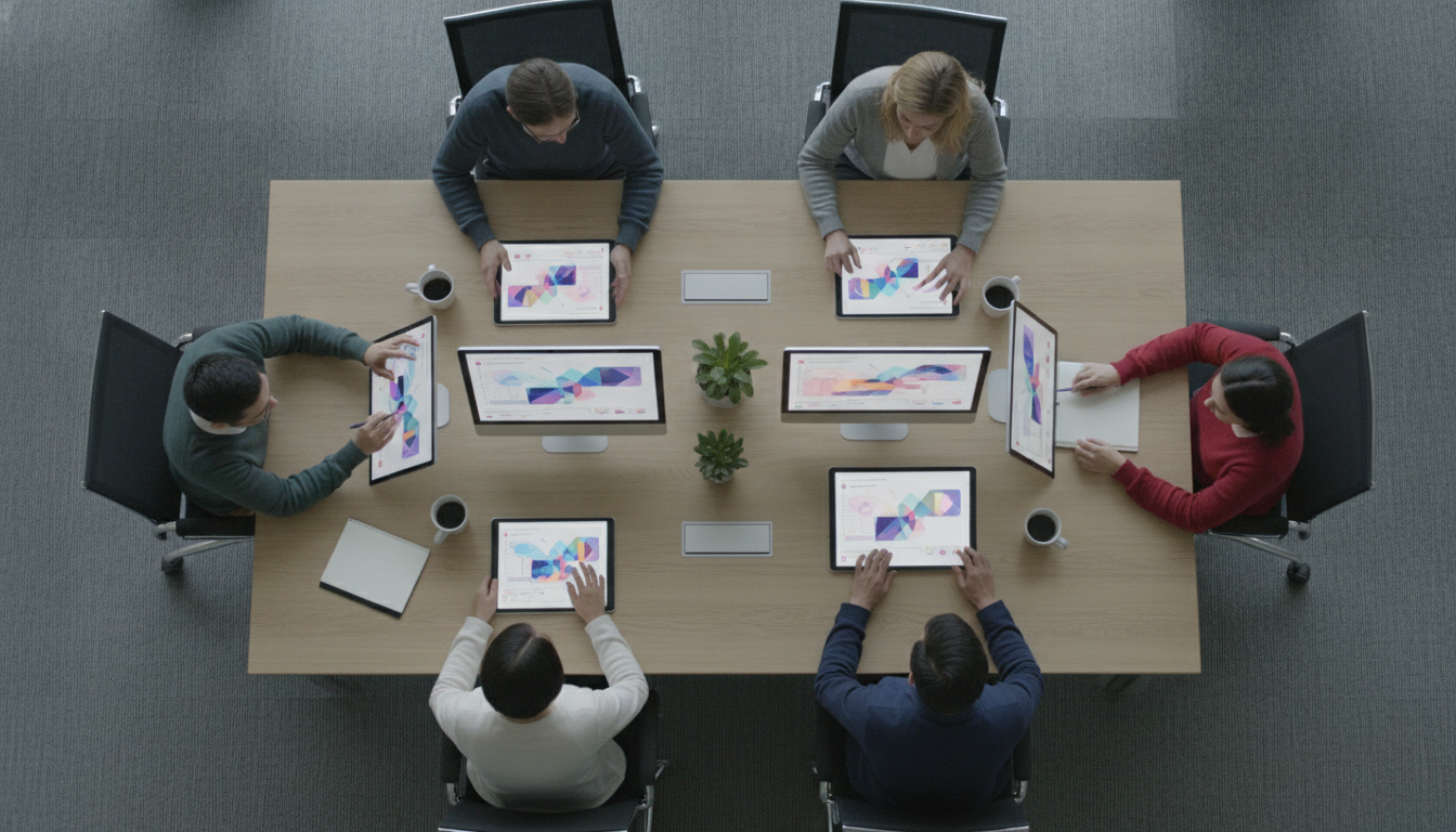 otimização ui: site — A modern office with people analyzing dashboards, soft natural lighting, professional photography style