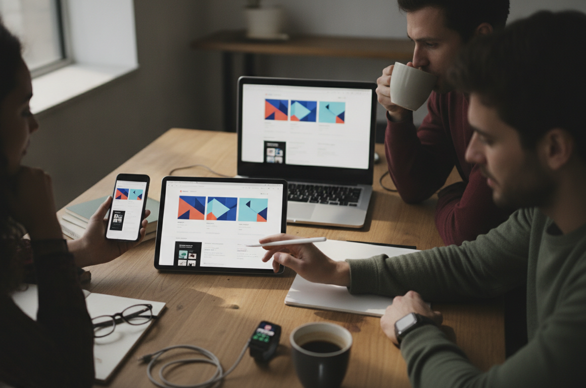 A digital workspace showing a responsive website design on various devices