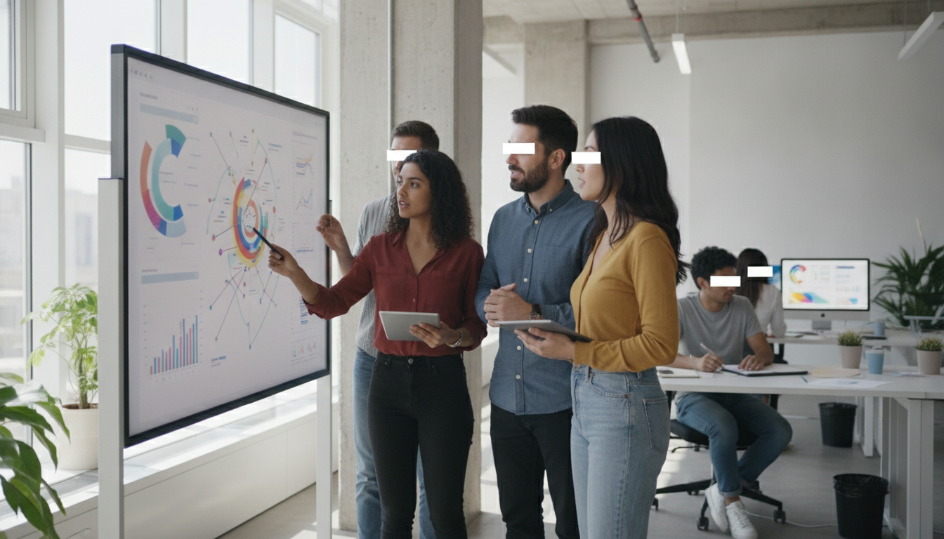 A team collaborating in a modern office with digital interfaces on screens