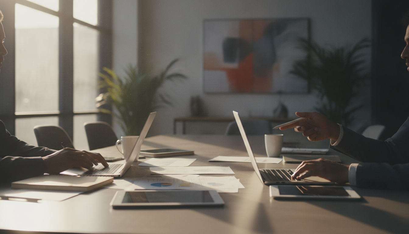 gestão conteúdo campanhas — A team of marketers collaborating over a large table filled with laptops and documents, bright office lighting, modern style