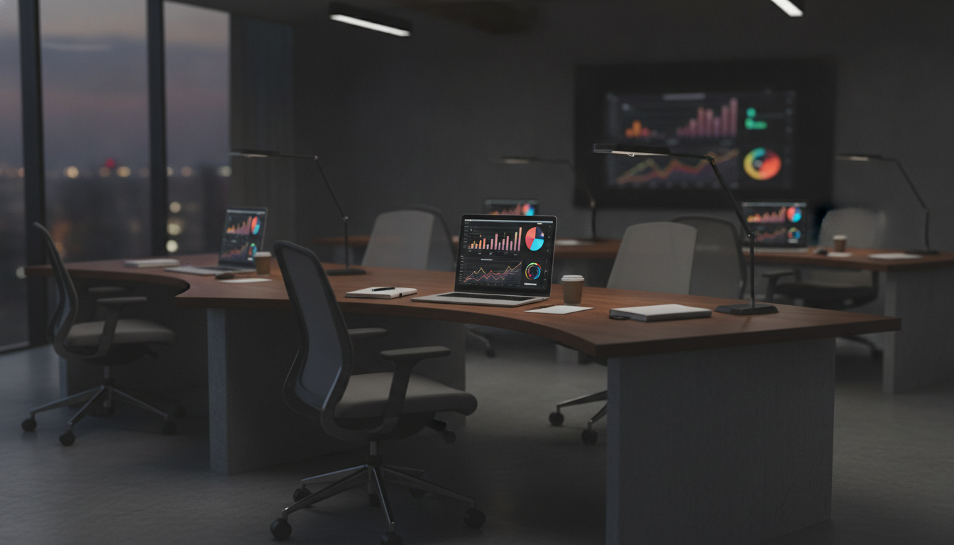 A group of people working on laptops with graphs and charts on their screens, modern office setting
