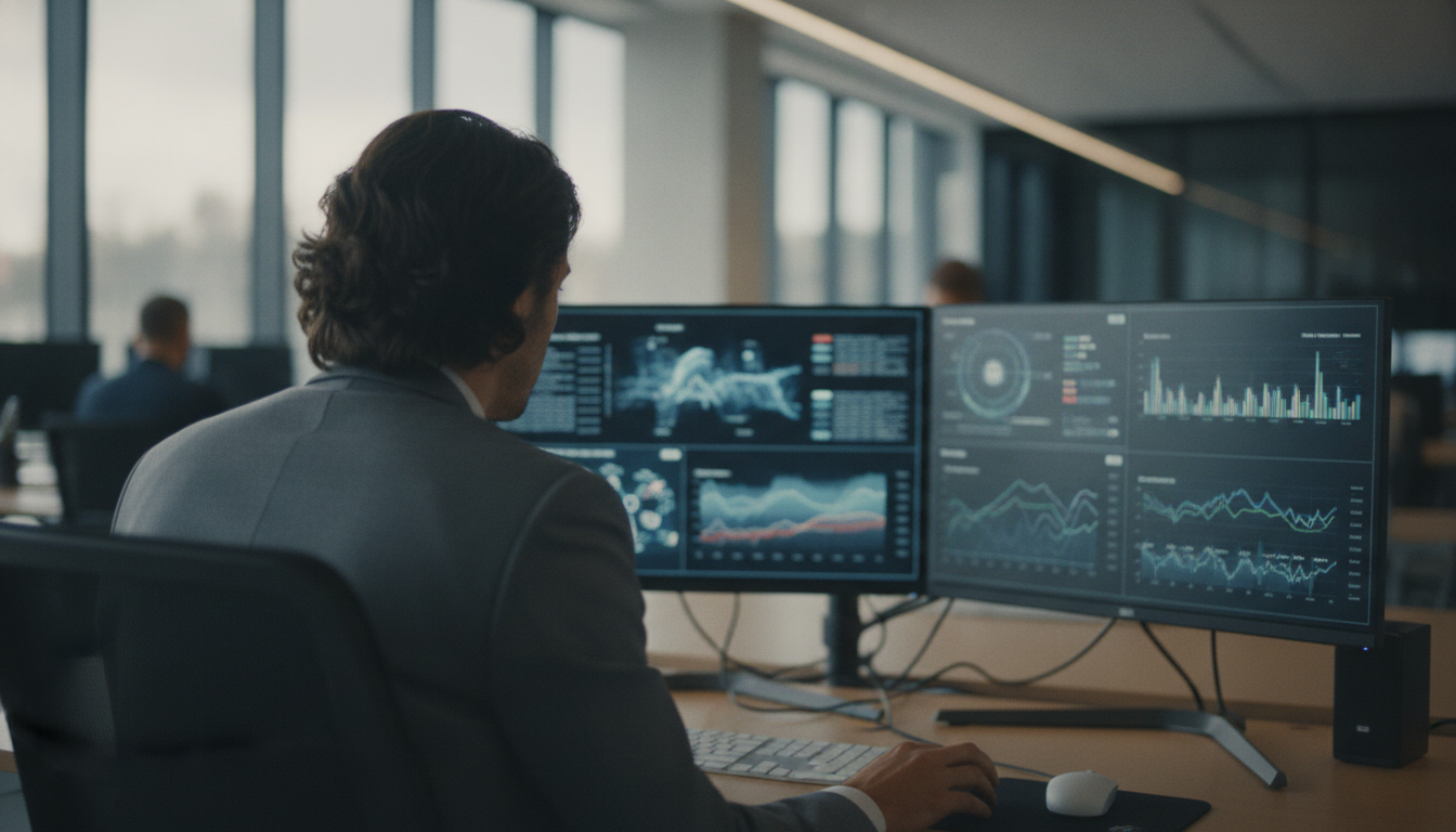 criação de sites — A modern office with people analyzing dashboards, soft natural lighting, professional photography style