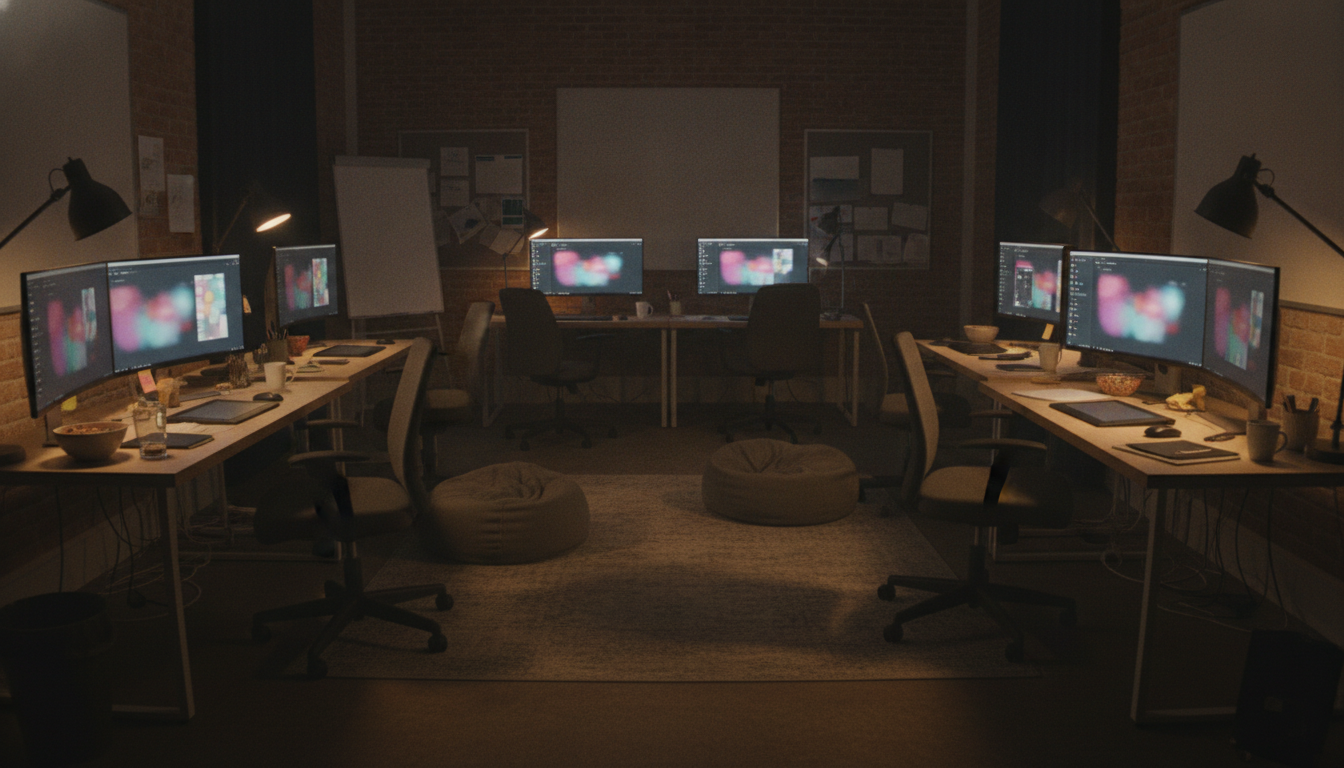 A team of web designers collaborating on a project, surrounded by screens with interface designs, in a creative studio environment