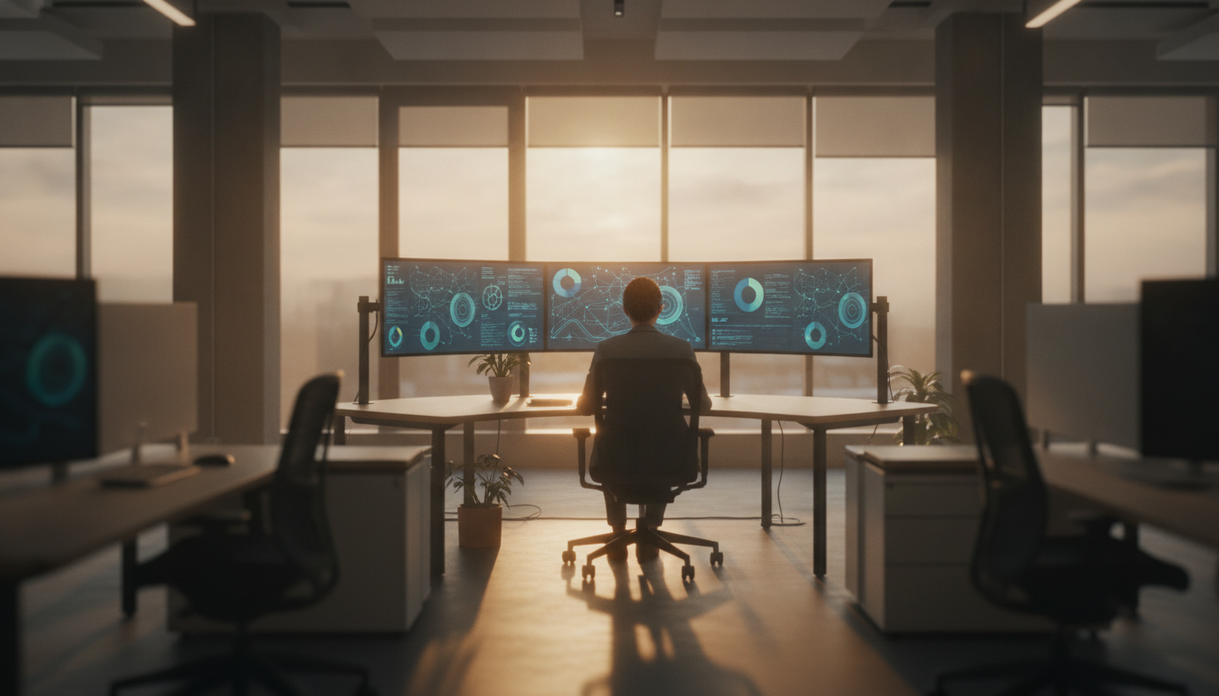 otimização avançada — A modern office with people analyzing dashboards, soft natural lighting, professional photography style