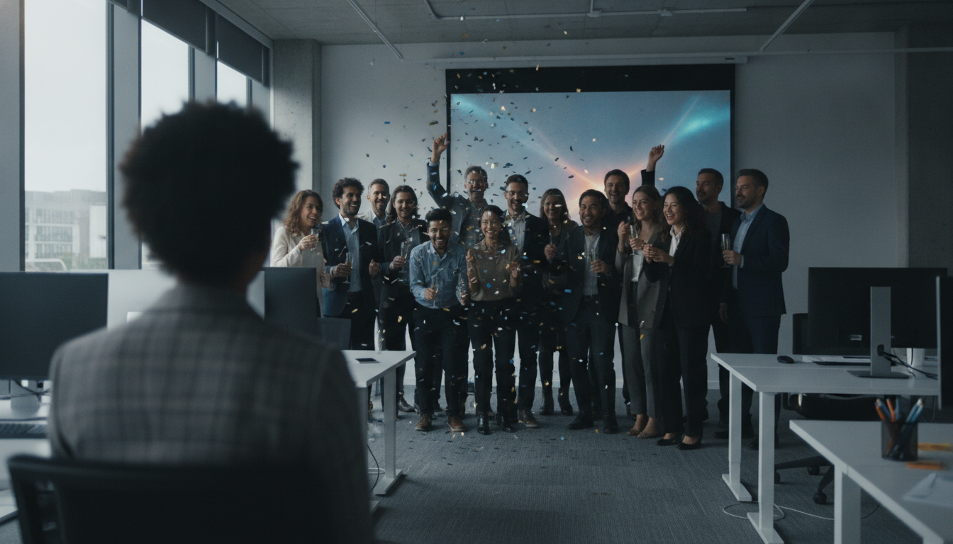 A team of professionals celebrating success, diverse and inclusive group, bright and cheerful atmosphere