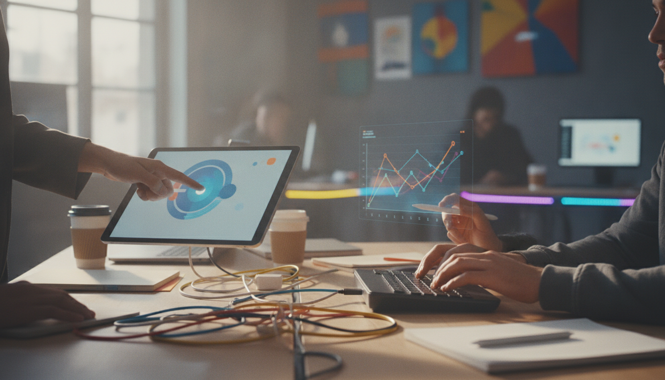 presença digital eficaz — A bustling digital marketing agency with team members collaborating, vibrant colors, and modern technology in use