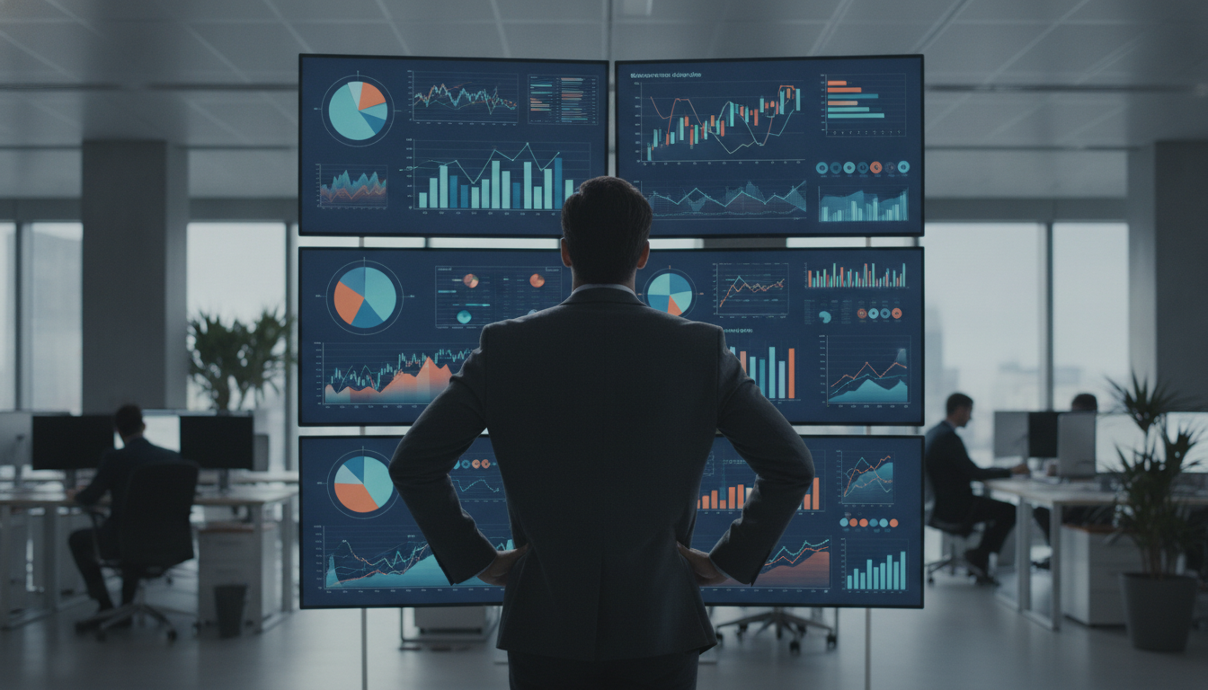 A group of professionals reviewing online analytics on multiple screens, modern office setting, with a focus on charts and graphs