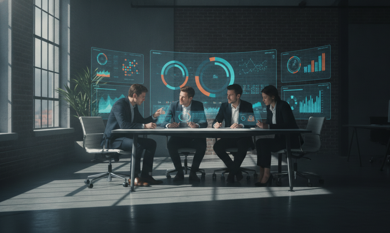 redes sociais vendas — A modern office with people analyzing dashboards, soft natural lighting, professional photography style