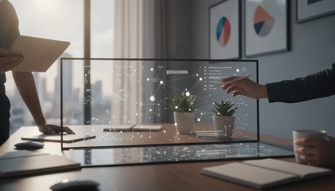 A team collaborating in a modern workspace, discussing data on a shared screen