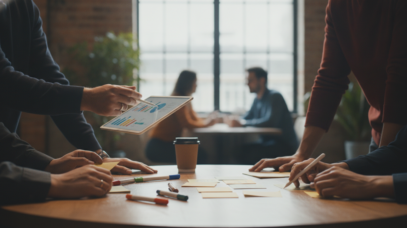 A digital marketing team brainstorming in a creative office environment, bright and energetic atmosphere