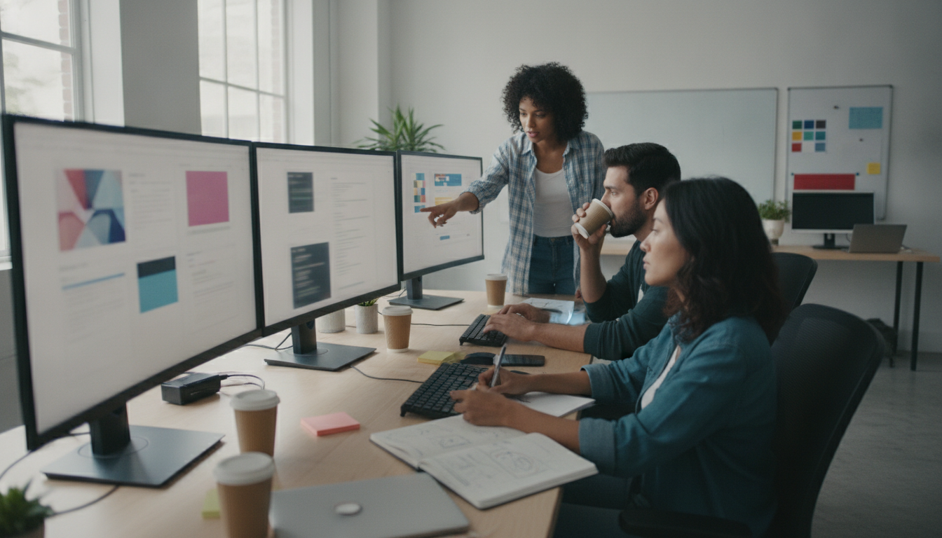 sites personalizados — A team of web developers working on a custom website design, bright office environment, computers and notes on desks