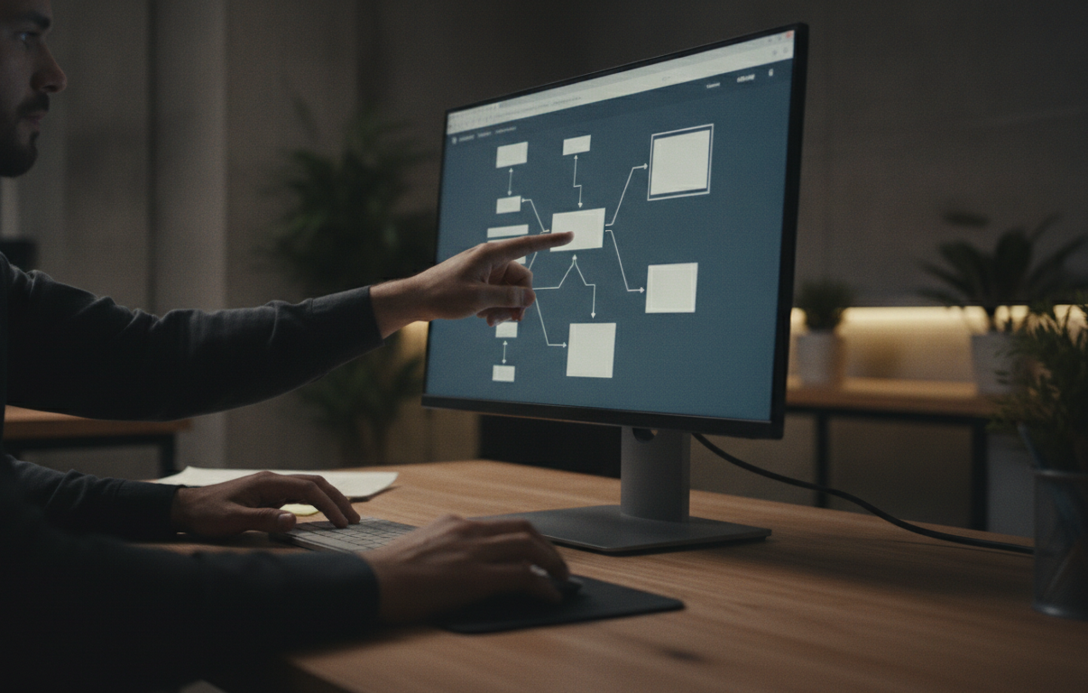 escalabilidade de sites — A team of developers working on a large screen displaying a website blueprint, office environment, modern design, teamwork, professional photography