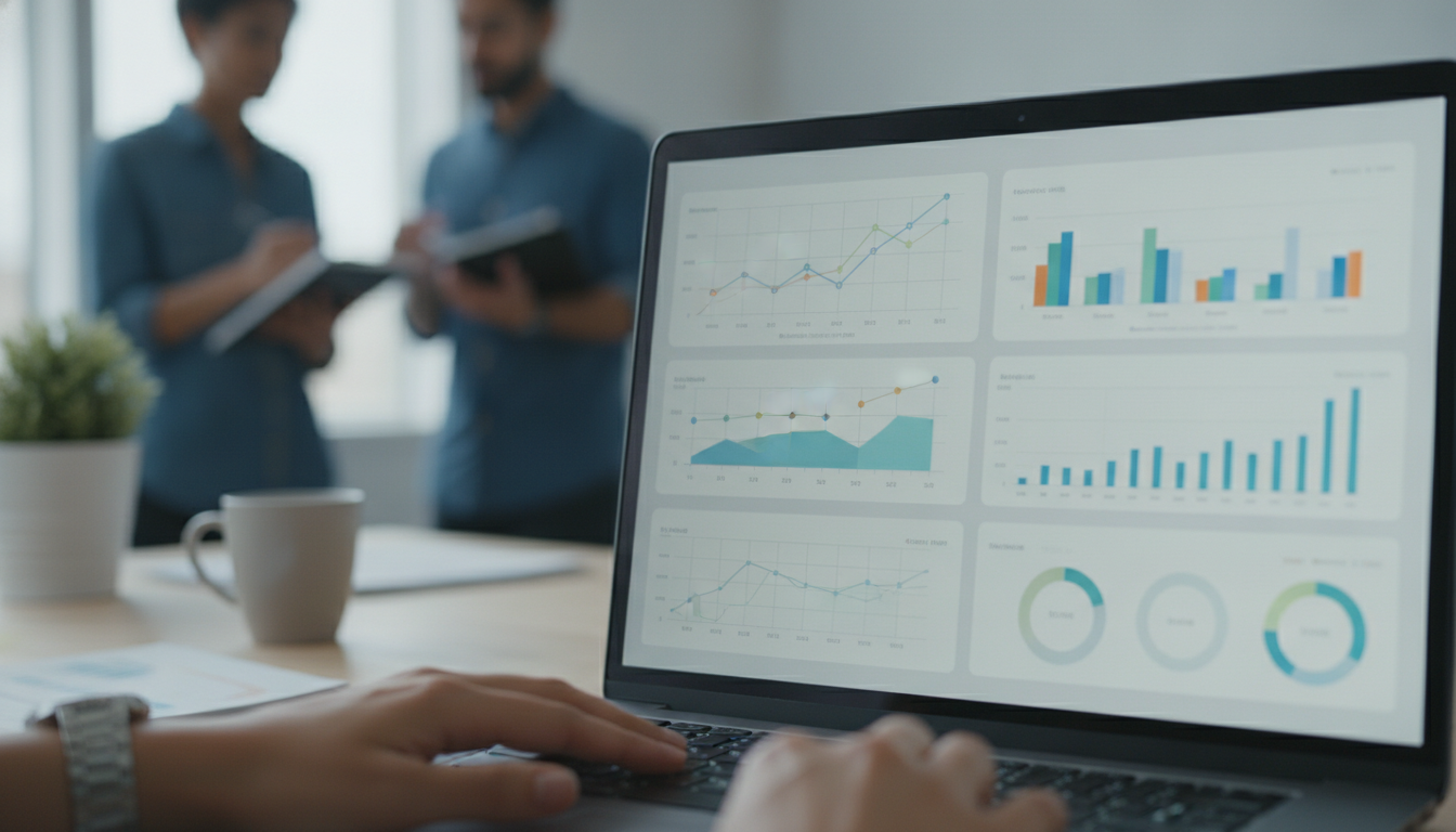 A close-up of a laptop screen showing analytics dashboard with graphs and charts, bright workspace, professional setting