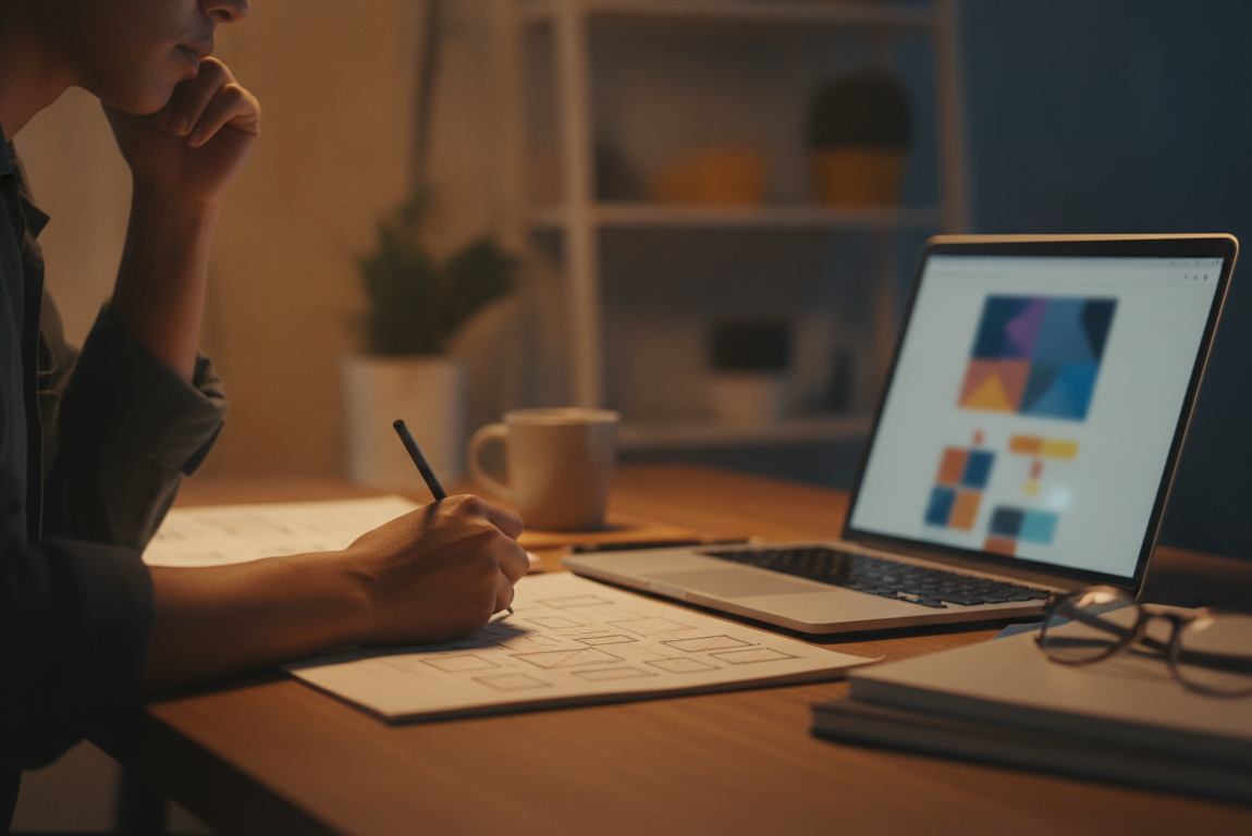 A designer sketching wireframes on paper with a laptop open showing website design software, creative workspace, modern design tools