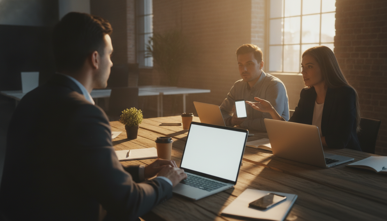 redes sociais vs sites — A group of young professionals discussing social media strategies in a modern office setting, with laptops and smartphones on the table, bright and engaging atmosphere