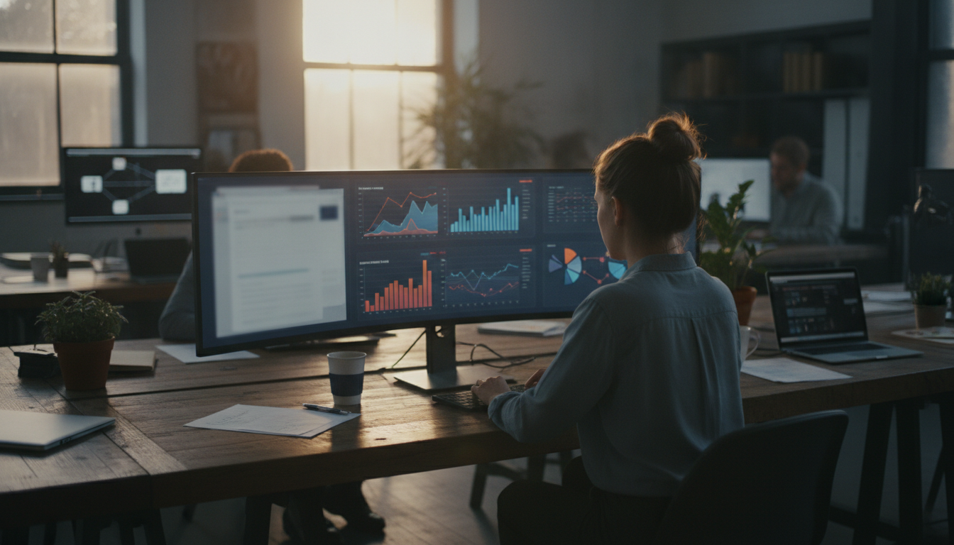A team of marketers working on integrating social media with website strategies, with charts and graphs visible on computer screens, collaborative and focused environment