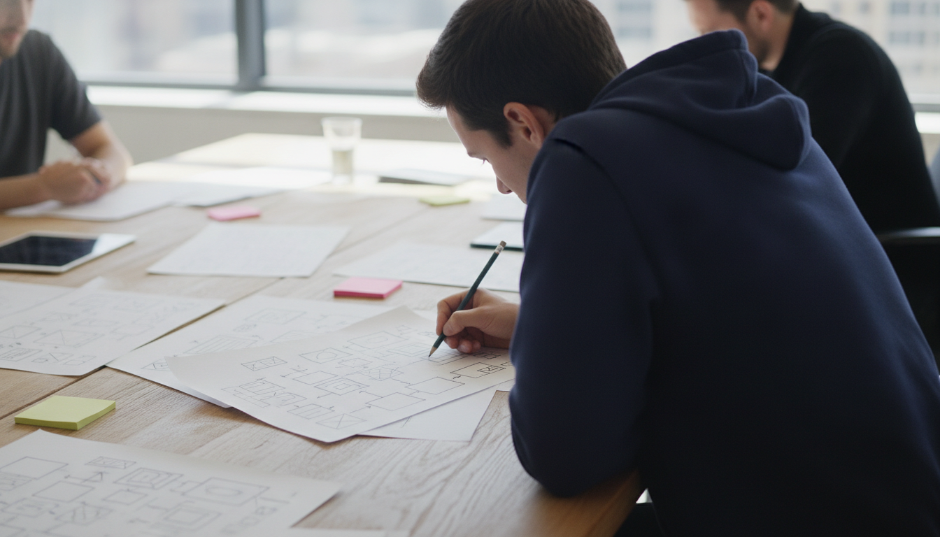 UX conversão sites — A team of designers working on UX wireframes on a large table, collaborative and creative atmosphere, modern office setting