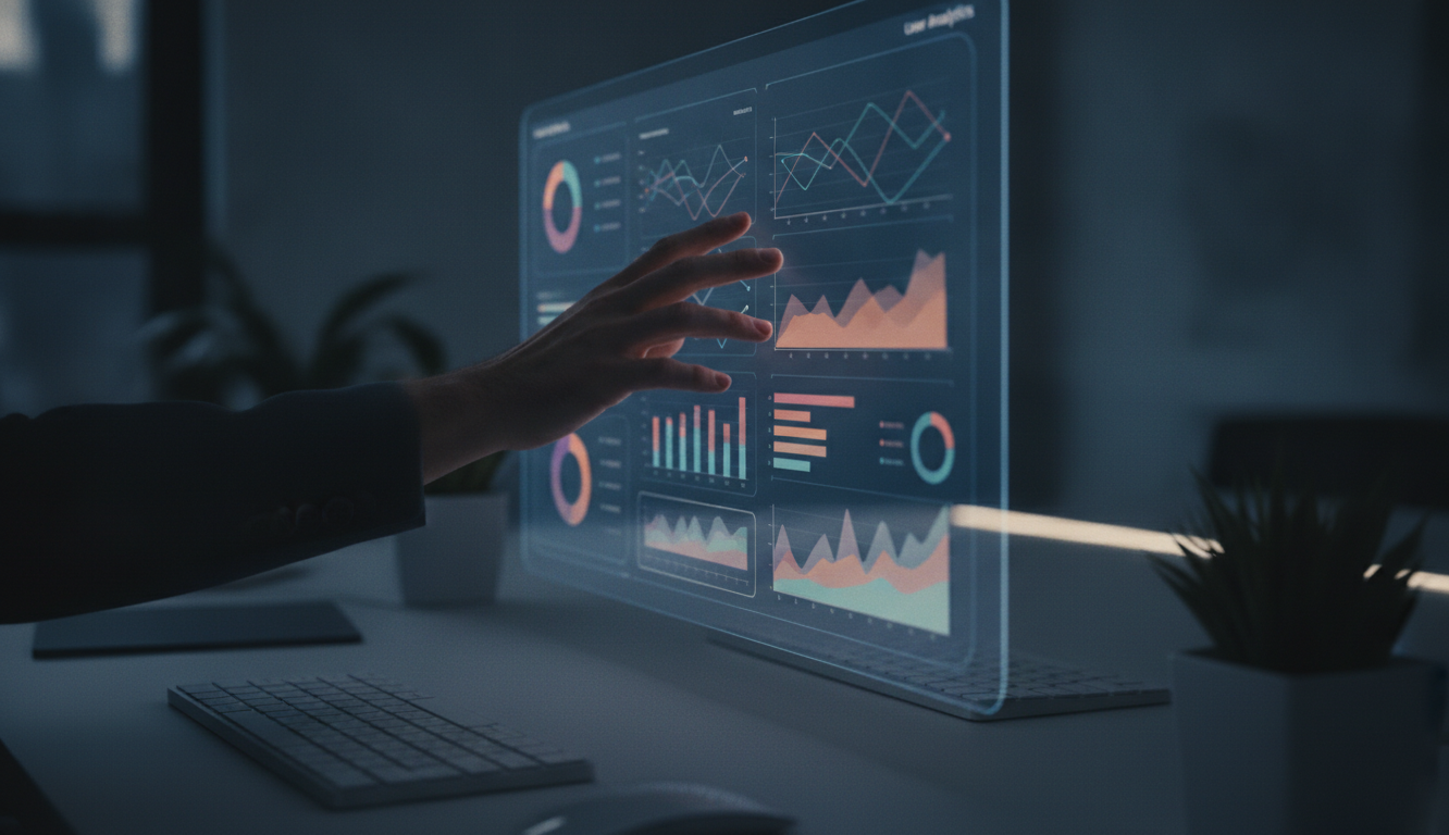 A digital dashboard showing user analytics and conversion metrics, modern and sleek design, professional setting