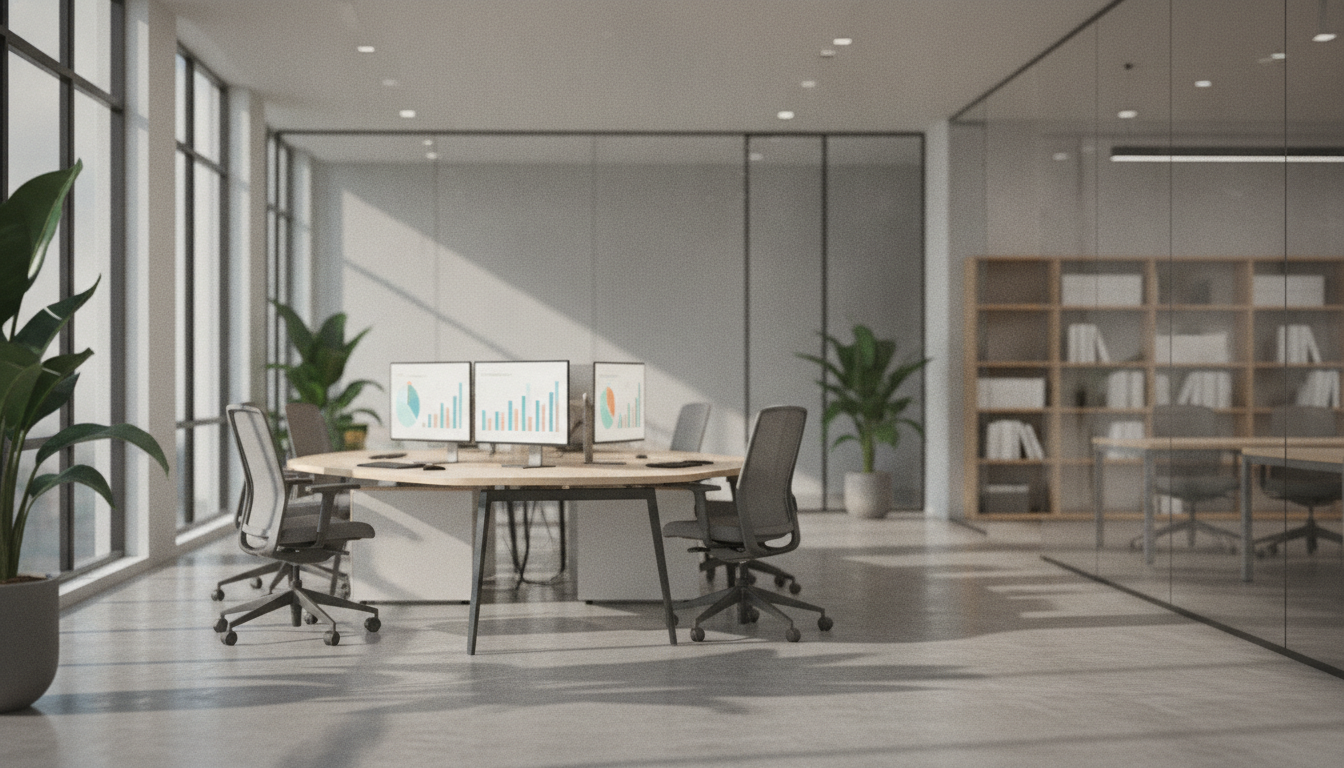 integração automação sites — A modern office with people analyzing dashboards, soft natural lighting, professional photography style