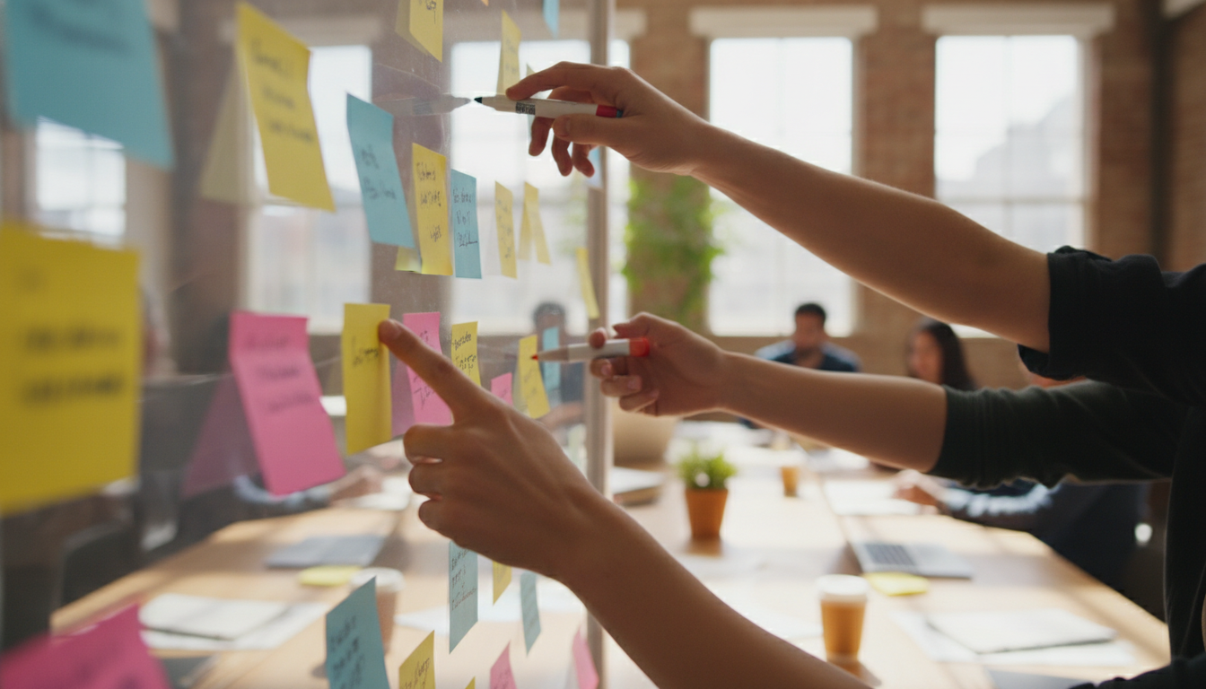 Collaborative team meeting in a creative workspace, diverse group, brainstorming session with post-it notes on a board