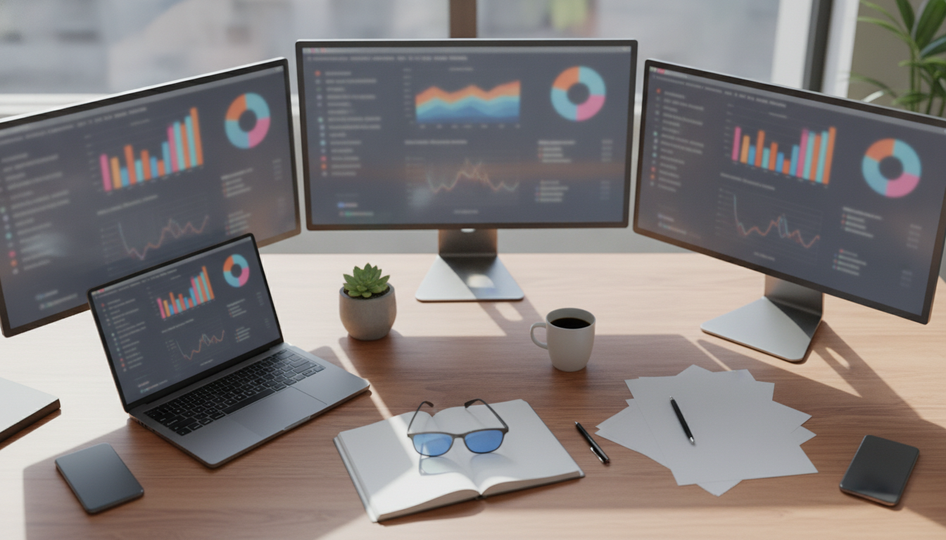 análise de dados — A modern office with people analyzing dashboards, soft natural lighting, professional photography style