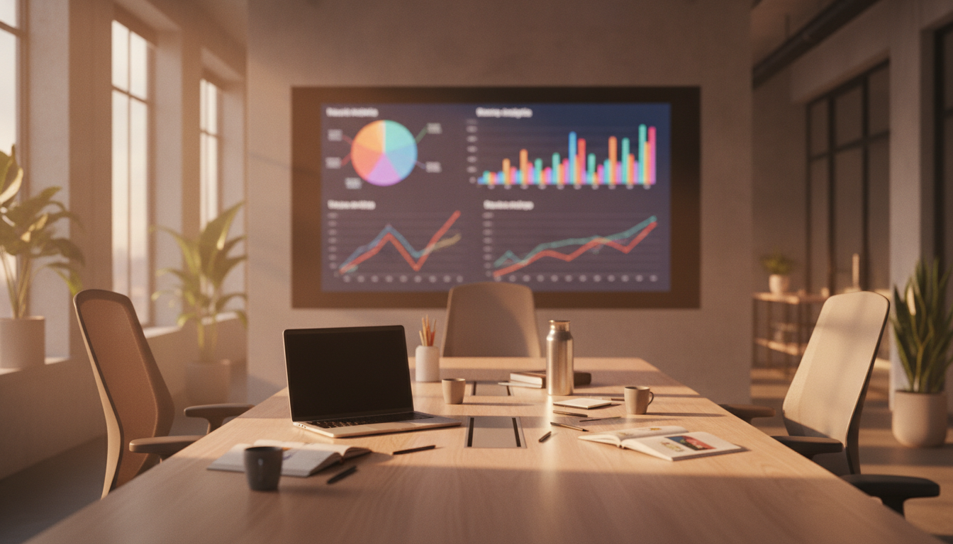 A team of professionals working together in a modern office, discussing website analytics on a large screen