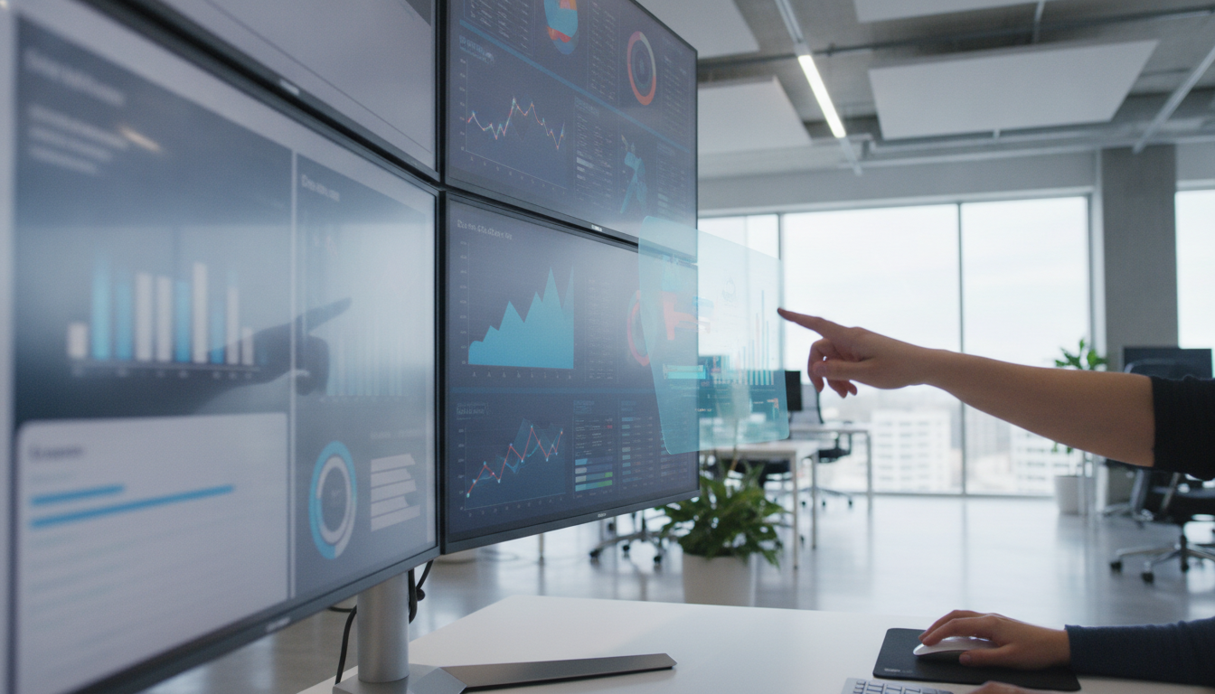 transformação digital — A modern office with people analyzing dashboards, soft natural lighting, professional photography style