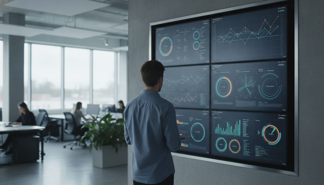SEO simples — A modern office with people analyzing dashboards, soft natural lighting, professional photography style