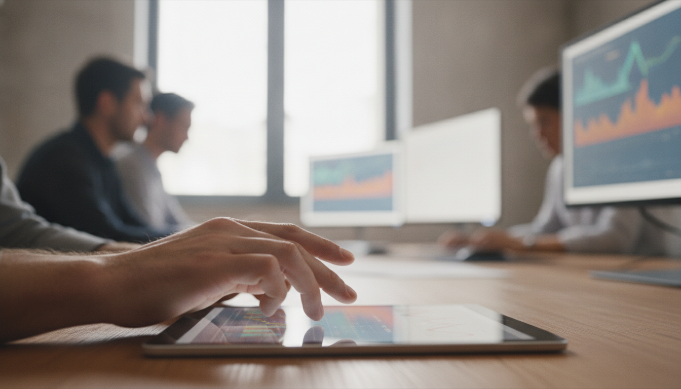 automação de marketing — A modern office with people analyzing dashboards, soft natural lighting, professional photography style
