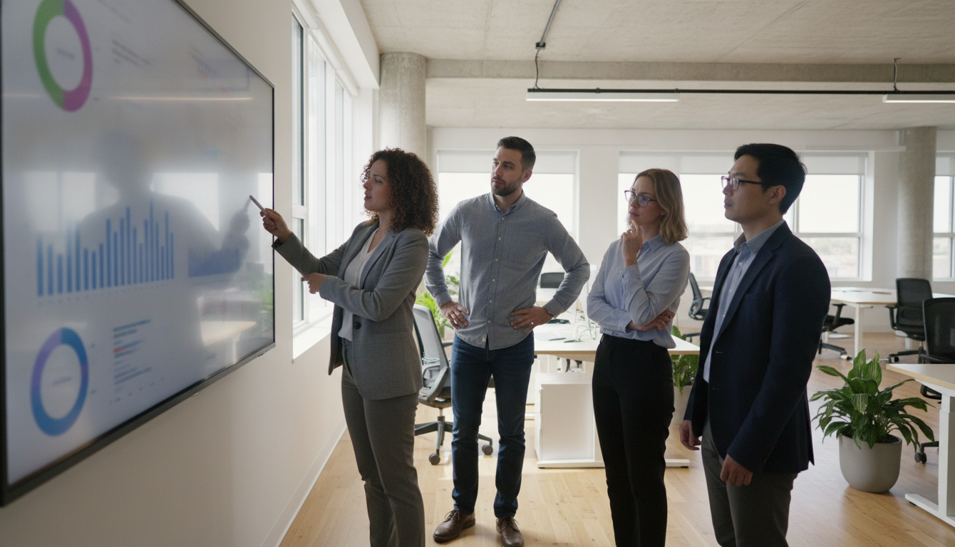 layout estratégico — A modern office with people analyzing dashboards, soft natural lighting, professional photography style