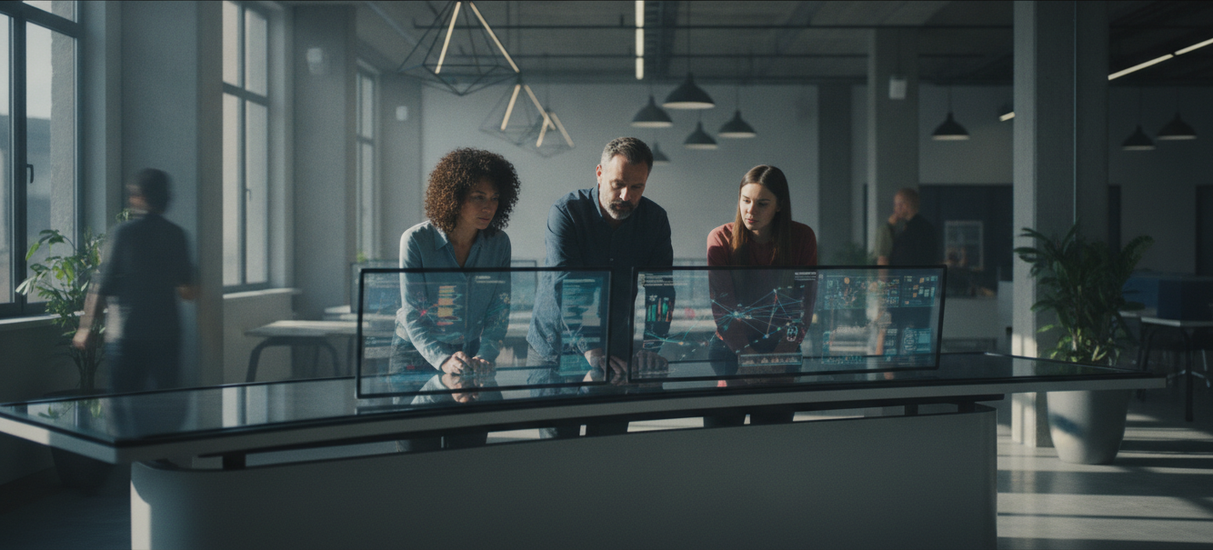 sites engajadores — A modern office with people analyzing dashboards, soft natural lighting, professional photography style