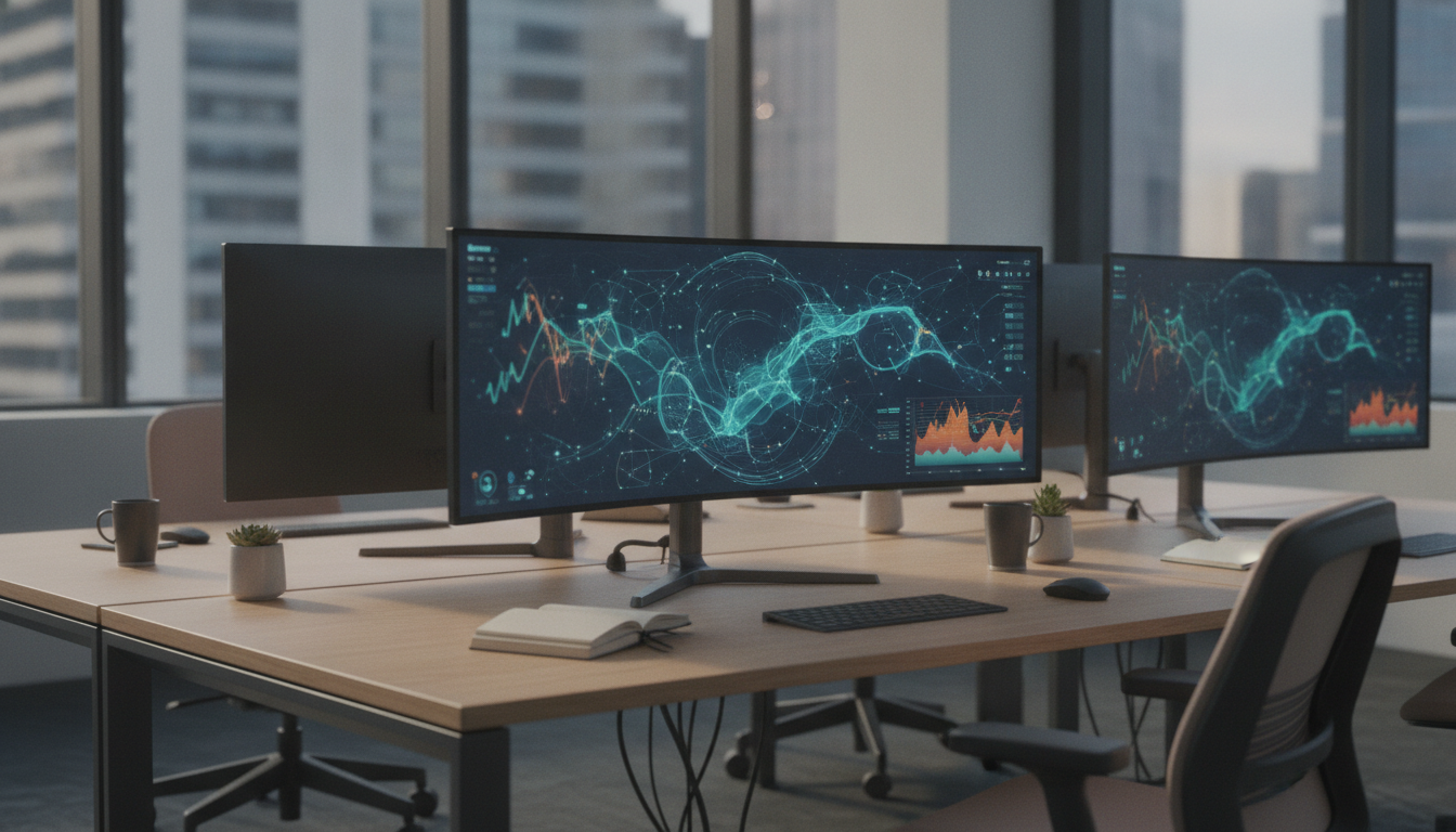 atualização redes sociais — A modern office with people analyzing dashboards, soft natural lighting, professional photography style