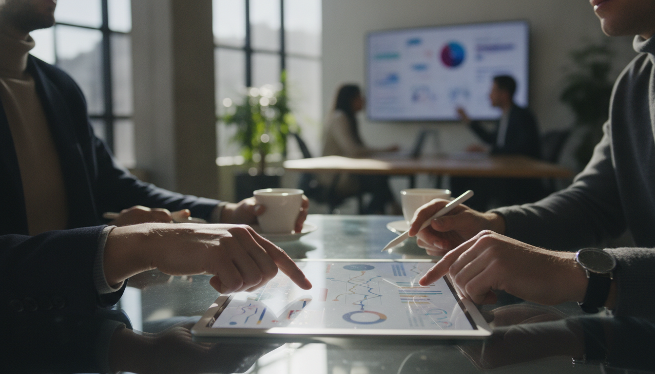 estratégias de comunicação digital — A modern office with people analyzing dashboards, soft natural lighting, professional photography style