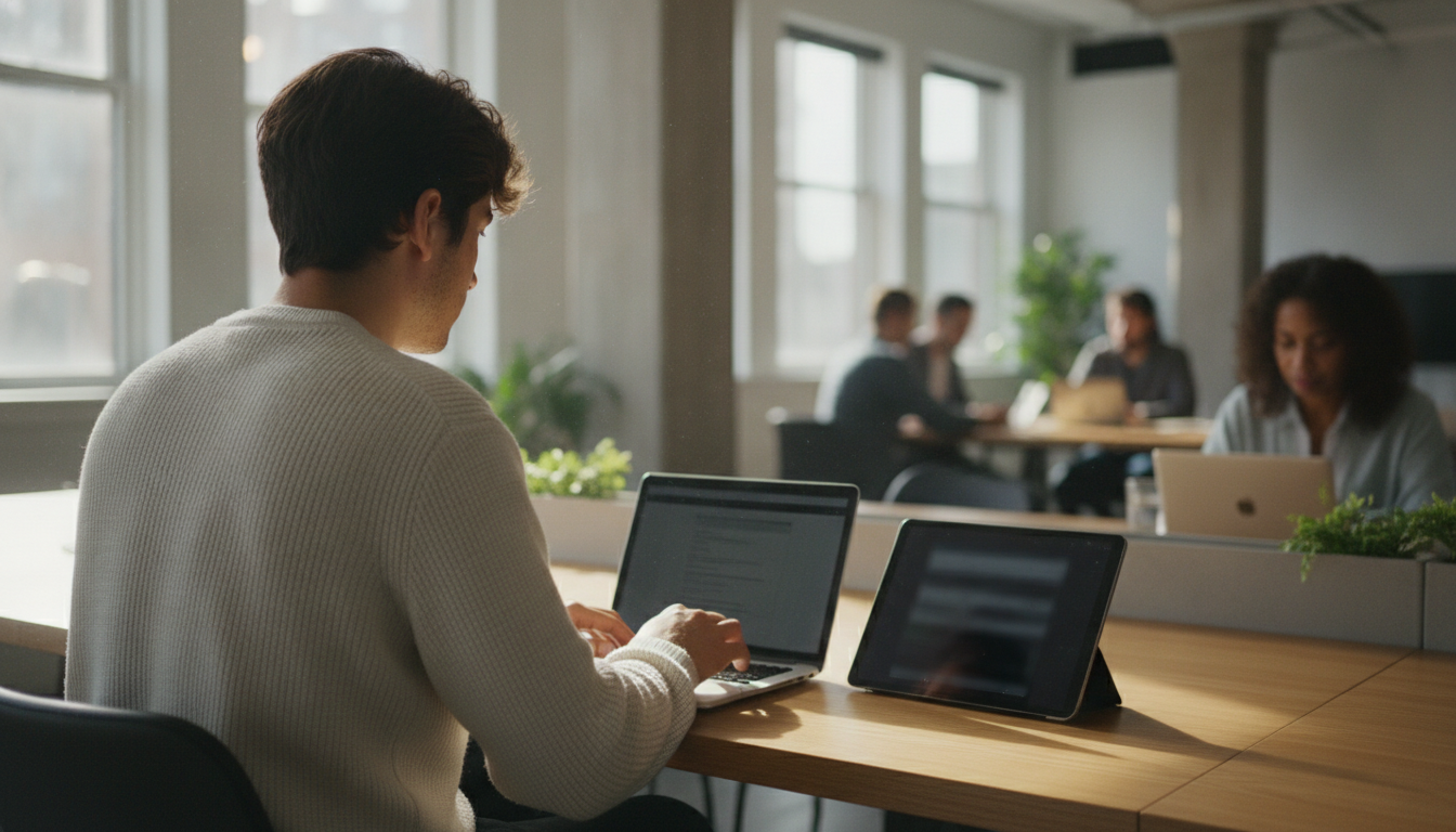 A group of diverse people working on laptops and tablets in a modern office setting, bright natural light, candid photography style