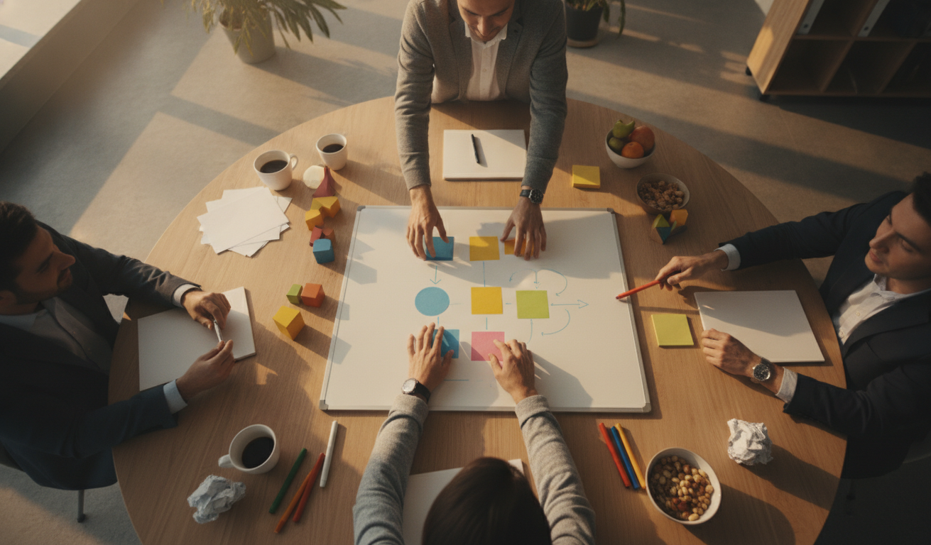 A team of professionals brainstorming ideas around a conference table, warm lighting, vibrant colors, professional photography style