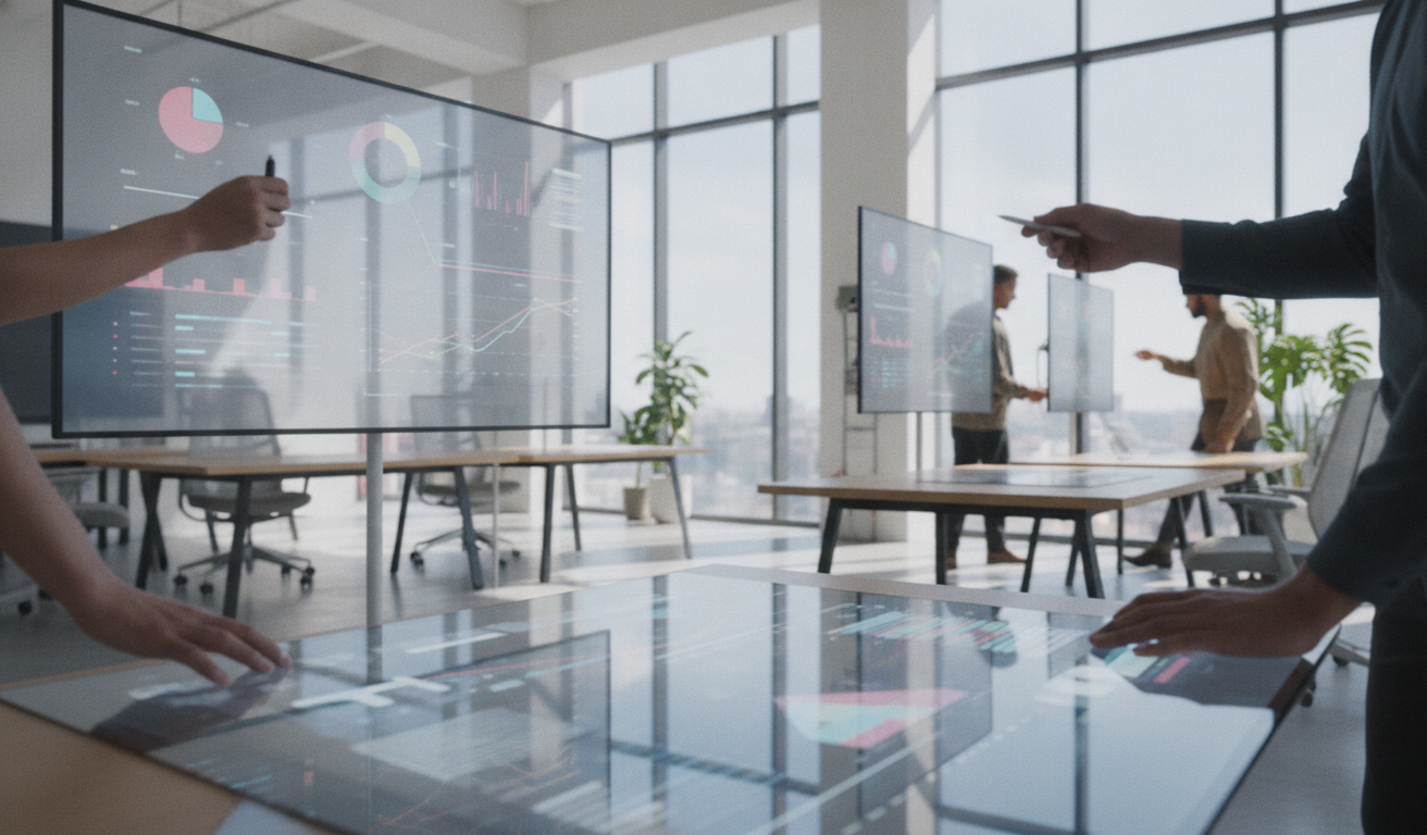 persuasão digital — A modern office with people analyzing dashboards, soft natural lighting, professional photography style