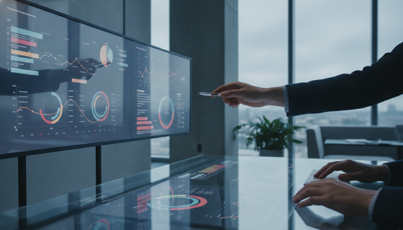 sites que não convertem — A modern office with people analyzing dashboards, soft natural lighting, professional photography style
